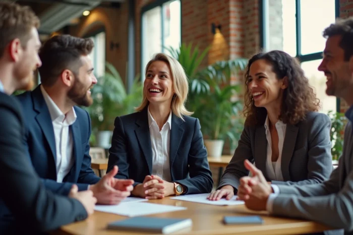 Groupe d'entrepreneurs français en discussion lors d'un événement de networking dans un espace de coworking parisien