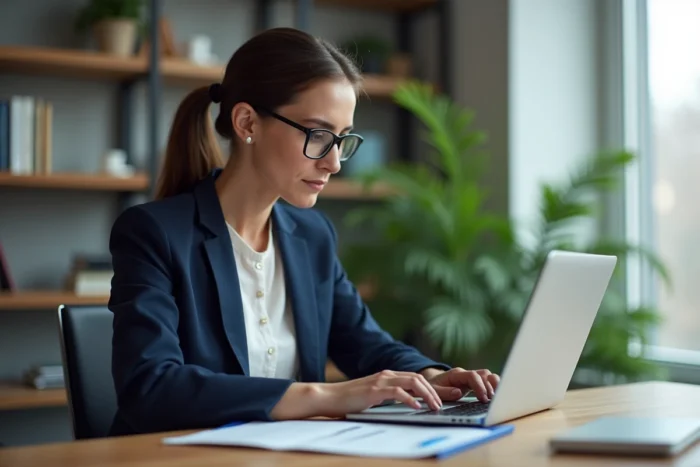 Femme en télétravail résolvant un problème de connexion sur son ordinateur portable avec un guide de dépannage réseau