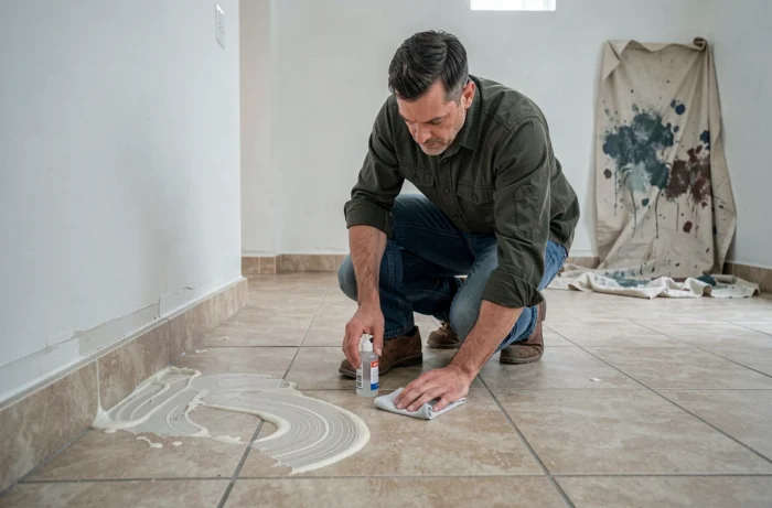 Homme retirant de la colle sèche sur un carrelage avec de l'acétone et un chiffon
