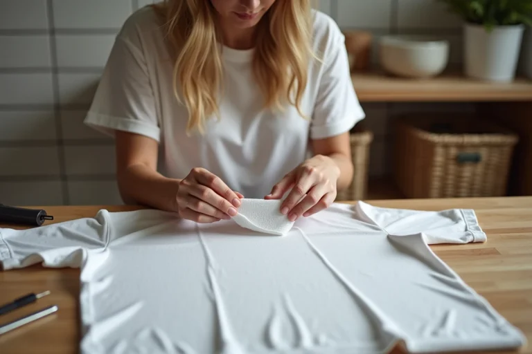 Femme retirant délicatement un flocage vinyle décollé d'un t-shirt blanc sur une table en bois avec un décapeur thermique