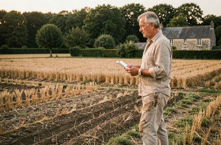 Agriculteur retraité debout au bord de son champ en France, tenant des documents administratifs liés à la MSA et la retraite agricole