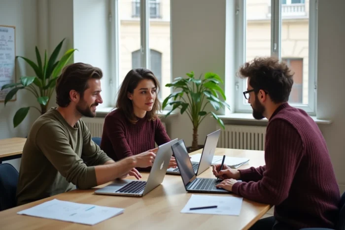 Trois entrepreneurs réunis en réunion collaborative dans un incubateur de startups en France avec laptops et documents