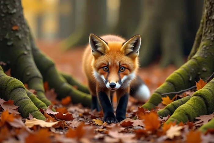 Renard roux au pelage orangé vif s'arrêtant sur un tapis de feuilles dorées dans une forêt automnale, évoquant Rox du film Rox et Rouky