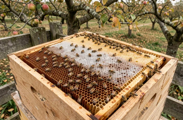 Vue plongeante sur un cadre de ruche ouvert rempli d'abeilles et de rayons de miel dans un verger en automne