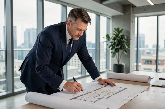 Promoteur immobilier analysant des plans architecturaux dans un bureau moderne pour sélectionner un projet immobilier