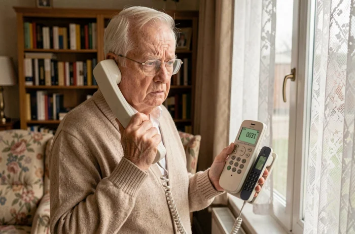 Homme âgé inquiet tenant un téléphone fixe affichant un numéro frauduleux commençant par 0031