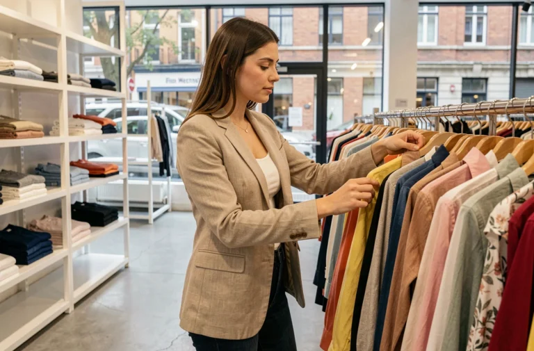 Jeune femme faisant du shopping dans un magasin de mode tendance en Belgique, parcourant des portants de vêtements colorés
