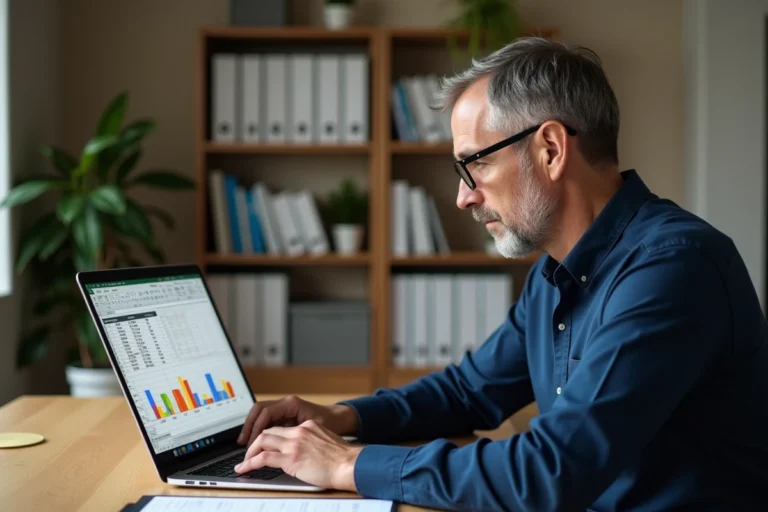 Homme d'affaires analysant un simulateur viager sur Excel avec des graphiques financiers sur ordinateur portable dans un bureau à domicile