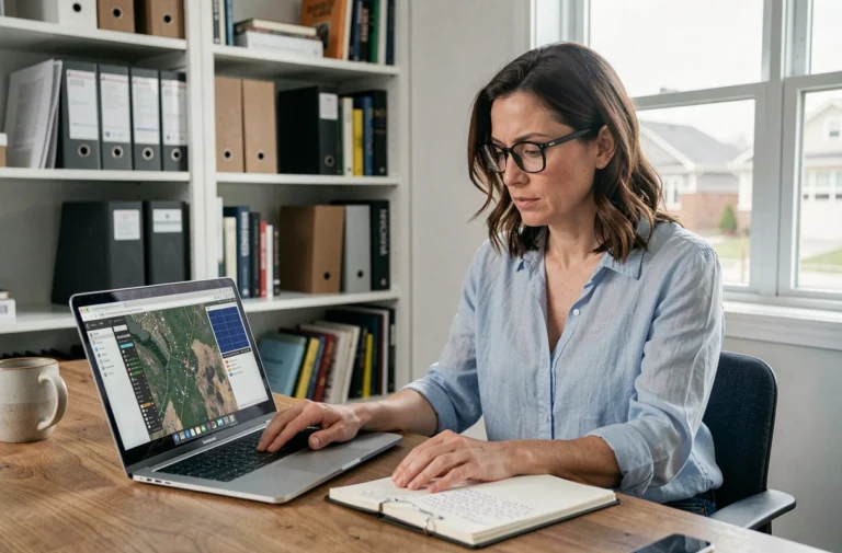 Femme analysant une simulation d'ensoleillement sur Google Earth pour optimiser l'achat d'une maison