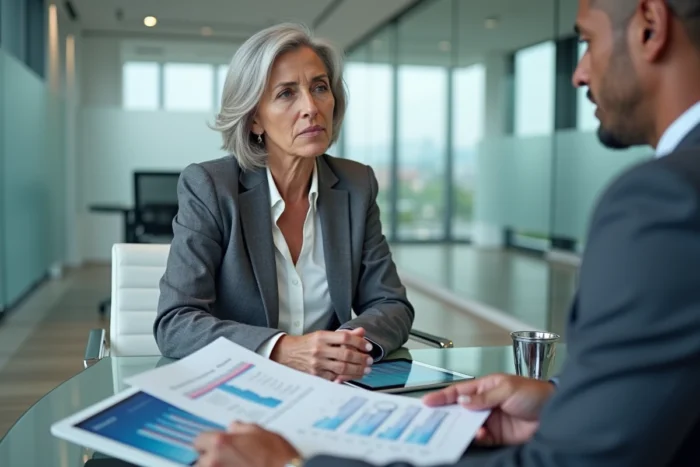 Femme senior consultant un conseiller immobilier avec un tableau de simulation viager Excel imprimé dans une agence moderne