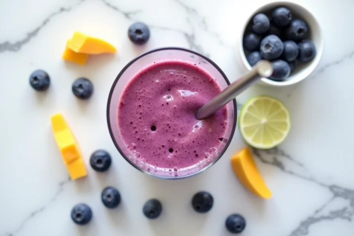 Vue du dessus d'un smoothie aux fruits congelés dans un gobelet Nutribullet entouré de fruits givrés sur marbre blanc