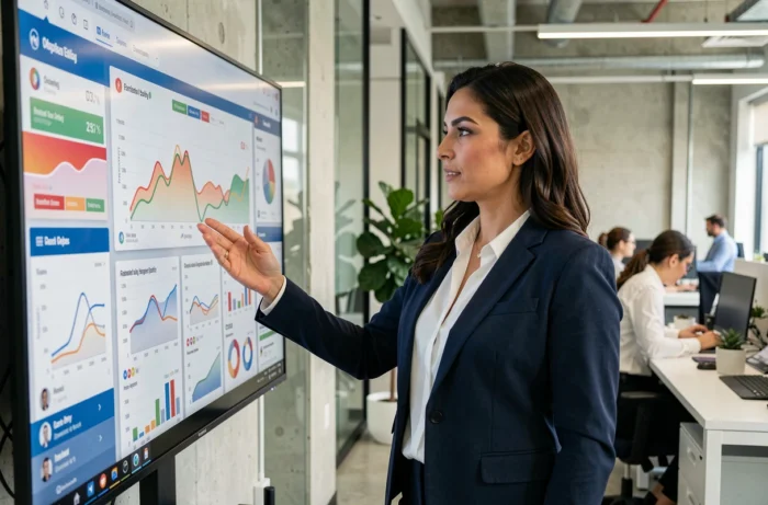 Professionnelle en blazer marine présentant une stratégie de marketing digital sur un écran interactif dans un bureau technologique moderne