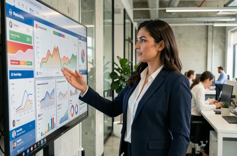 Professionnelle en blazer marine présentant une stratégie de marketing digital sur un écran interactif dans un bureau technologique moderne