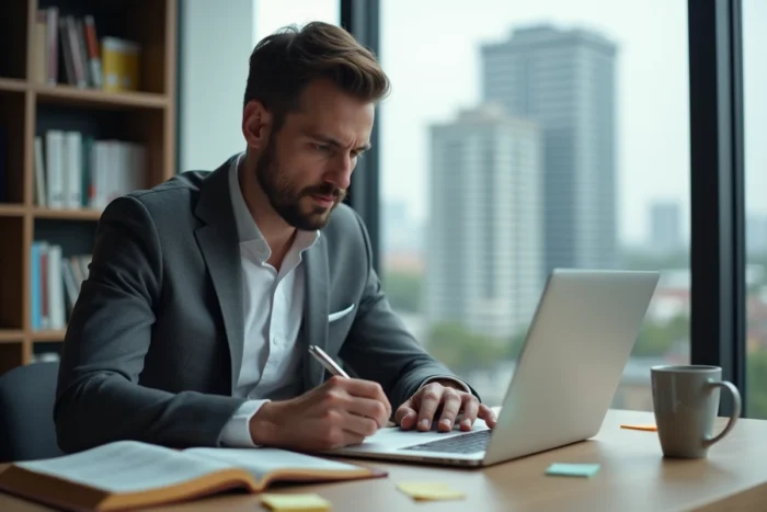 Professionnel B2B élaborant une stratégie networking structurée sur ordinateur portable avec prise de notes dans un carnet en cuir