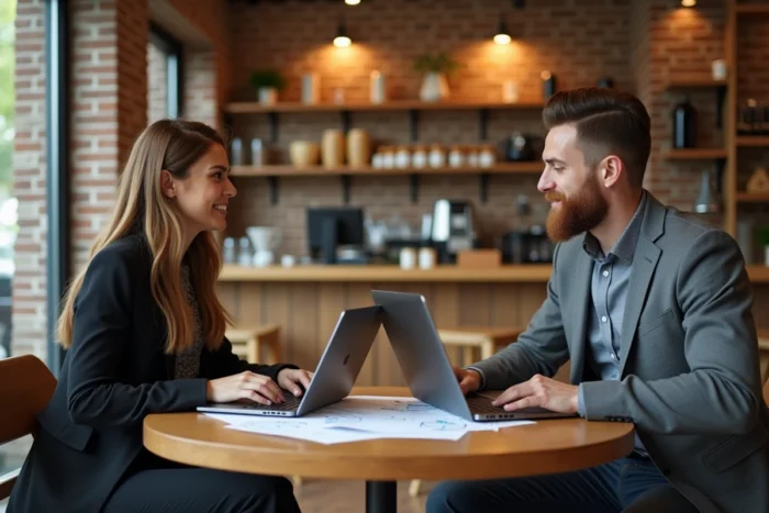 Deux professionnels discutant de la stratégie de prospection commerciale autour d'un rapport CRM dans un café