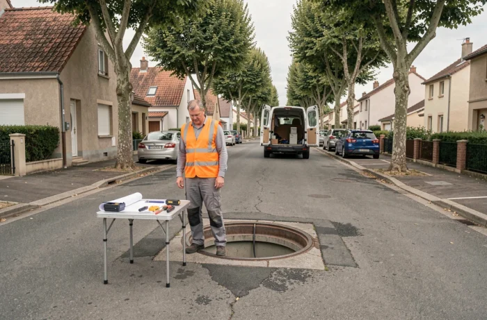 Technicien réalisant un raccordement électrique souterrain dans une rue résidentielle française