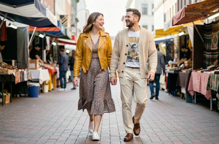 Deux amis souriants en tenues tendance saison marchant dans un marché urbain coloré, mode printemps été