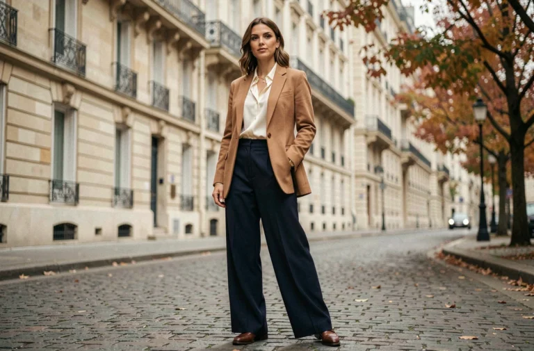 Femme élégante en blazer camel et pantalon marine dans une rue parisienne pavée en automne, style mode tendance