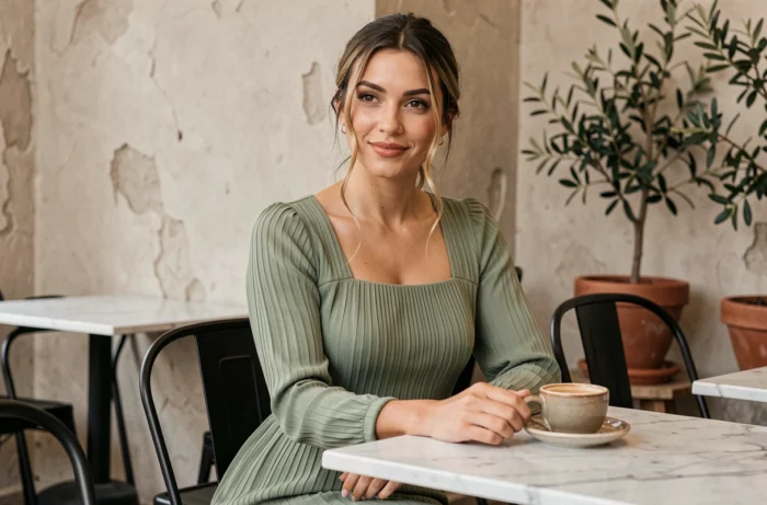 Femme en robe midi vert sauge assise dans un café minimaliste parisien, mode élégante et moderne