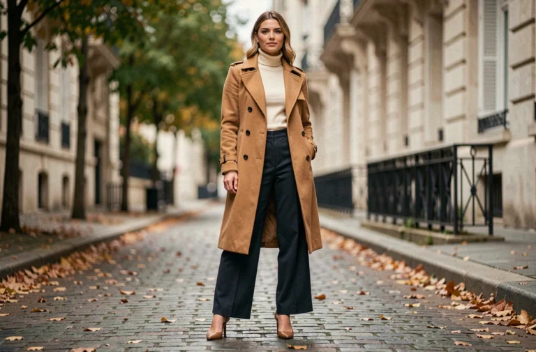 Femme élégante en trench camel et pantalon large dans une rue pavée parisienne, tendances mode automne