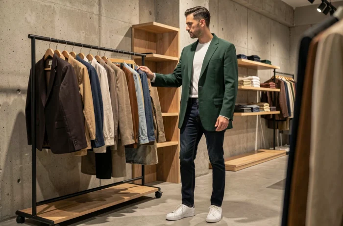 Homme tendance en blazer vert oversize et jean slim dans un concept store minimaliste, mode masculine saison