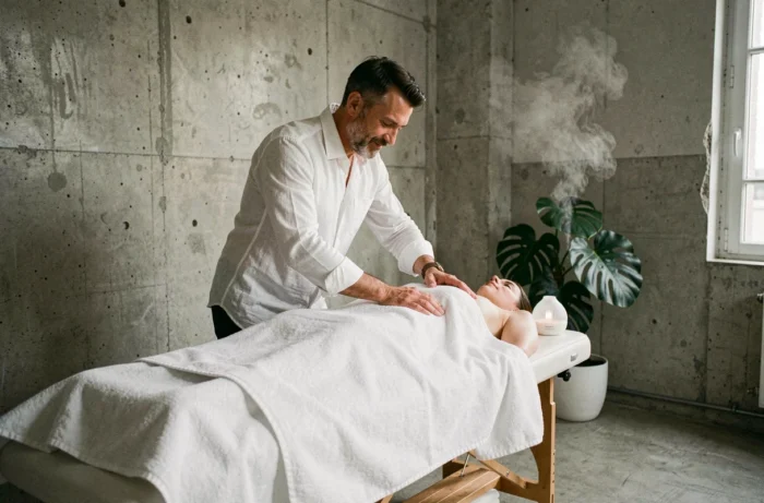 Thérapeute réalisant un massage bien-être naturiste dans un studio parisien minimaliste en béton avec plante monstera