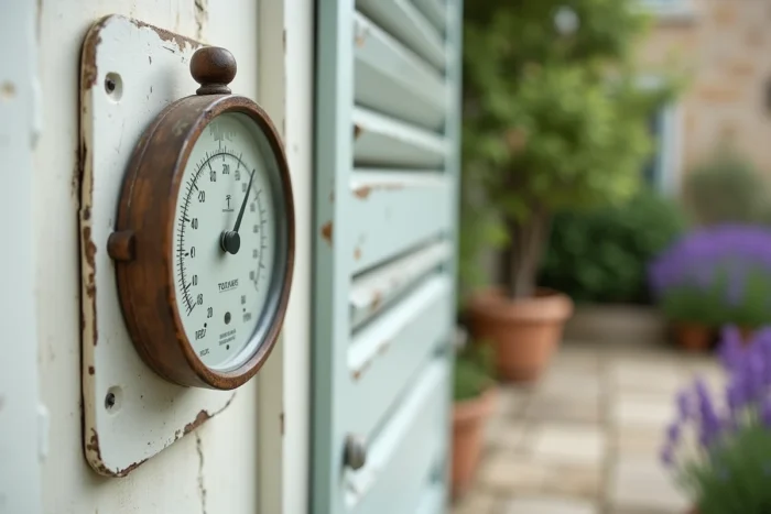 Thermomètre analogique fixé sur un volet en bois peint blanc d'une maison de campagne française