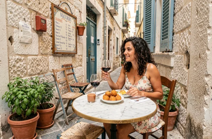 Jeune femme dégustant des arancini dans une trattoria traditionnelle de la Vucciria à Palerme avec une ambiance de ruelle authentique