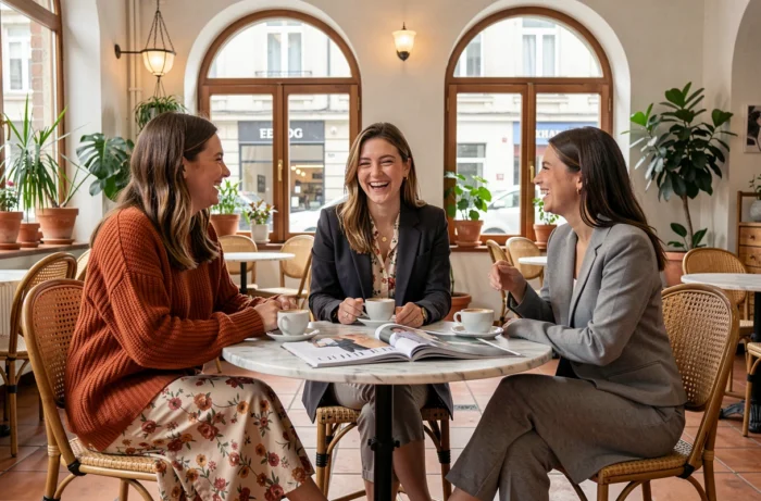 Trois femmes aux tenues tendance variées discutant autour d'un café dans un bistrot parisien à l'ambiance chaleureuse