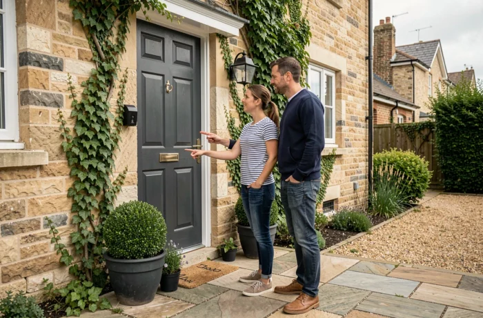 Couple évaluant le potentiel extérieur de leur maison avant de la mettre en vente sur le marché immobilier