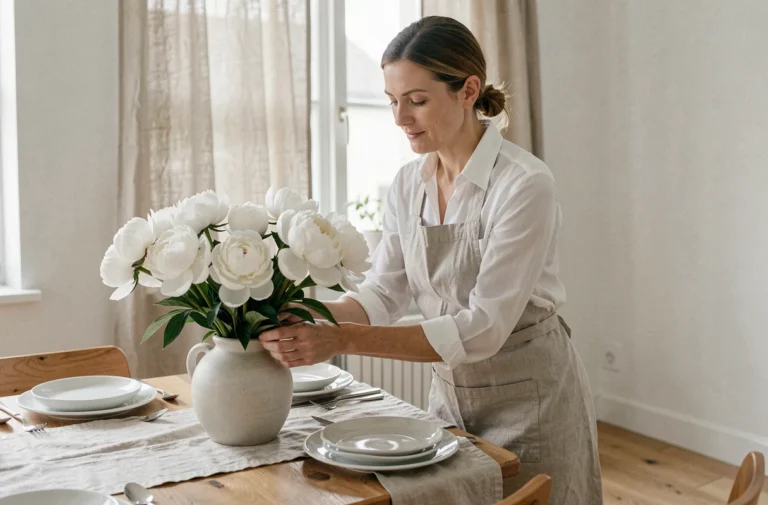 Femme arrangeant des fleurs dans un intérieur épuré pour valoriser un bien immobilier avant la vente