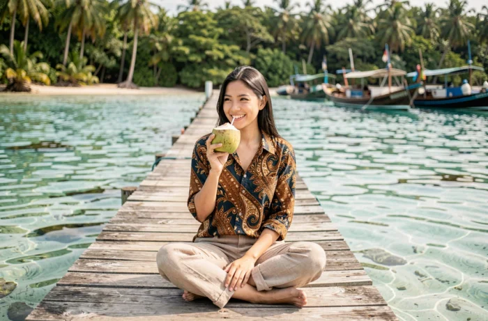 Jeune femme souriante assise sur un ponton en bois au-dessus d'un lagon tropical turquoise dans un cadre insulaire d'Asie du Sud-Est