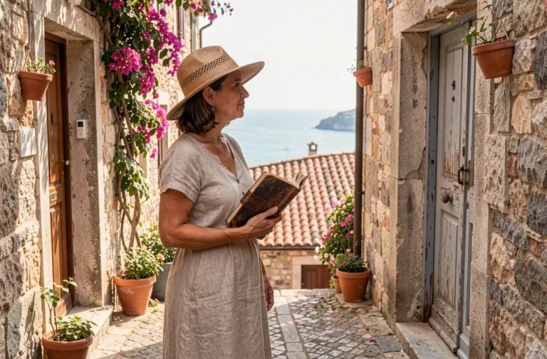 Femme voyageuse en robe en lin contemplant les toits en terre cuite d'un village méditerranéen depuis une ruelle en pierre