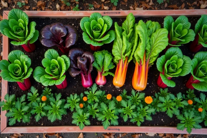Vue aérienne d'un carré potager avec des blettes colorées associées aux oignons, persil et œillets d'Inde