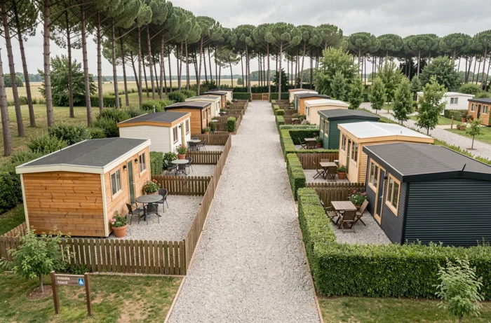 Vue d'ensemble d'un parc résidentiel de loisirs en Vendée avec rangée de chalets sur parcelles individuelles délimitées